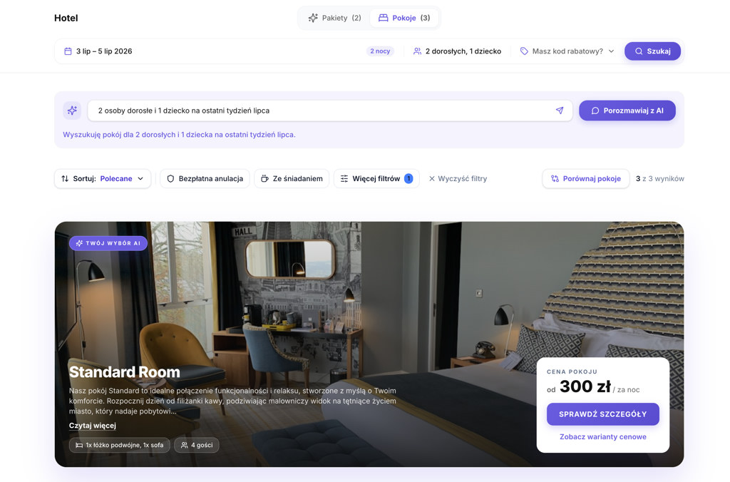 Ekran wyników Senvvo Booking Engine z terminem pobytu, filtrowaniem, rekomendacją AI, pokojem i ceną